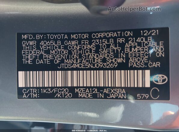 JTDS4MCE5NJ093269 2022 TOYOTA LL Blue 