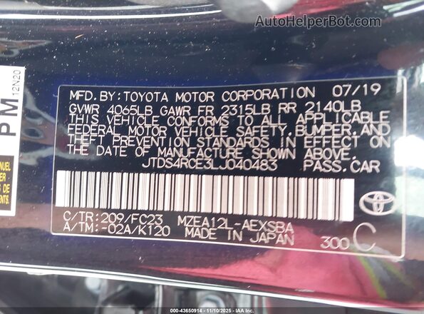 JTDS4RCE3LJ040483 2020 TOYOTA LL Gray Engine compartment view