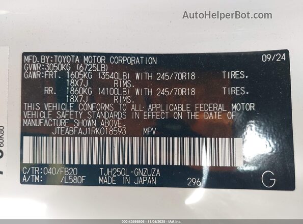 JTEABFAJ1RK018593 2024 TOYOTA LAND CRUISER White Вид підкапотного простору