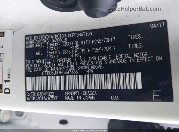 JTEBU5JR7H5447488 2017 TOYOTA 4RUNNER White Vista del compartimento del motor