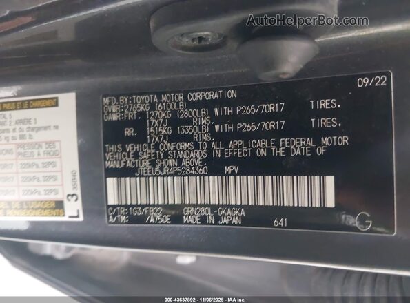 JTEEU5JR4P5284360 2023 TOYOTA 4RUNNER Gray 