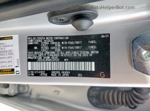JTEEU5JR5M5249502 2021 TOYOTA 4RUNNER Silver VIN sticker view