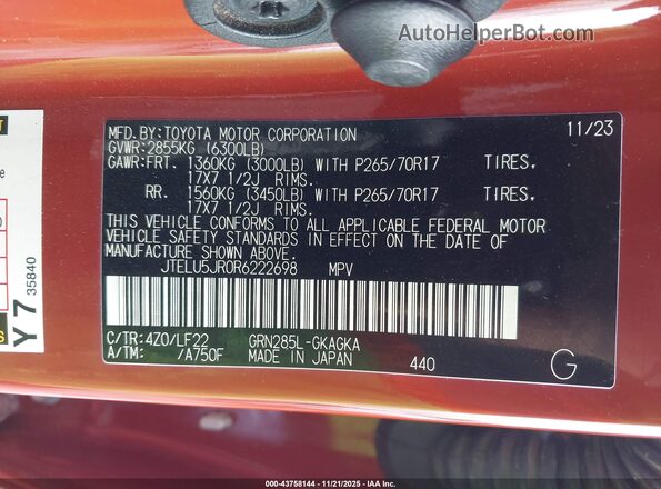 JTELU5JR0R6222698 2024 TOYOTA 4RUNNER Red Widok komory silnika