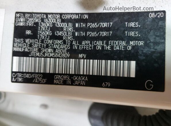JTEMU5JR0M5842809 2021 TOYOTA 4RUNNER White Vista de la etiqueta del VIN