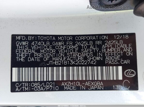 JTHB21B13K2022742 2019 LEXUS ES 300H White Engine compartment view