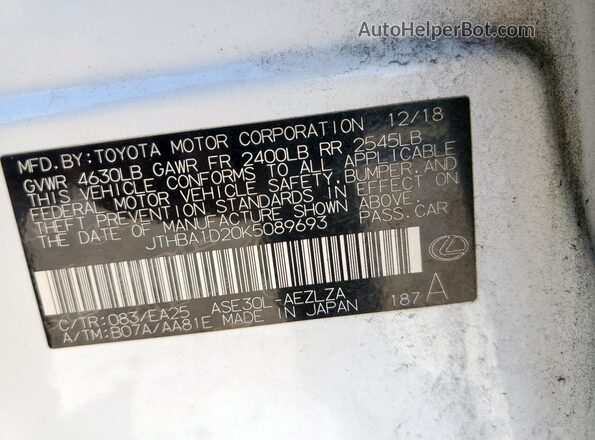 JTHBA1D20K5089693 2019 LEXUS IS White VIN sticker view