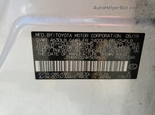 JTHBA1D24K5098042 2019 LEXUS IS White ძრავის განყოფილების ხედი