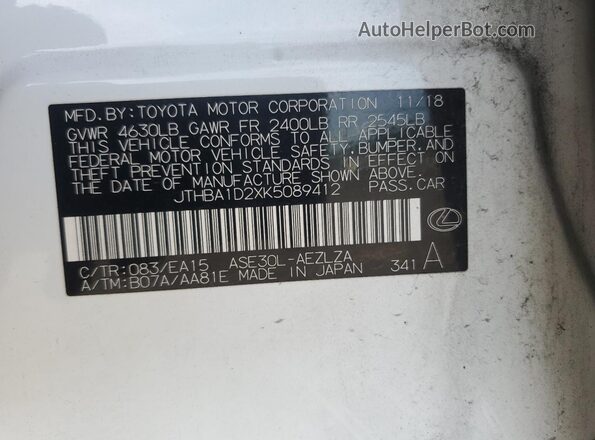 JTHBA1D2XK5089412 2019 LEXUS NX White Vista de la etiqueta del VIN