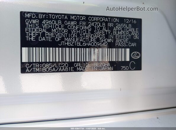 JTHBZ1BL6HA009642 2017 LEXUS GS 350 White Շարժիչի բաժամունքի տեսք