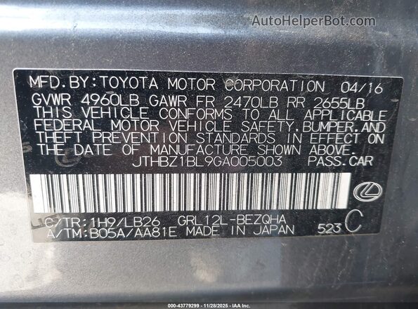 JTHBZ1BL9GA005003 2016 LEXUS GS 350 Gray Vista del compartimento del motor