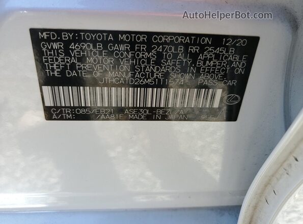JTHCA1D26M5111574 2021 LEXUS IS White Widok naklejki z numerem VIN