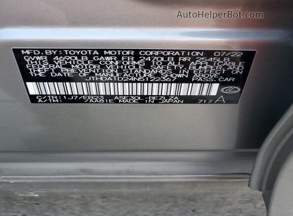 JTHDA1D24N5122367 2022 LEXUS IS Silver Vista de la etiqueta del VIN