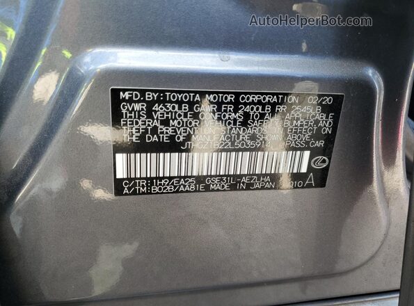 JTHGZ1B22L5035914 2020 LEXUS IS Charcoal Widok naklejki z numerem VIN
