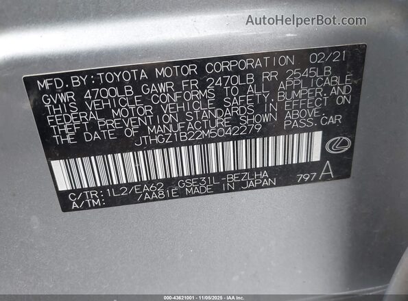 JTHGZ1B22M5042279 2021 LEXUS IS 350 Silver Շարժիչի բաժամունքի տեսք