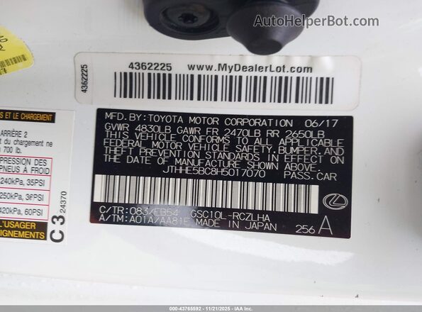 JTHHE5BC8H5017070 2017 LEXUS RC 350 White Engine compartment view
