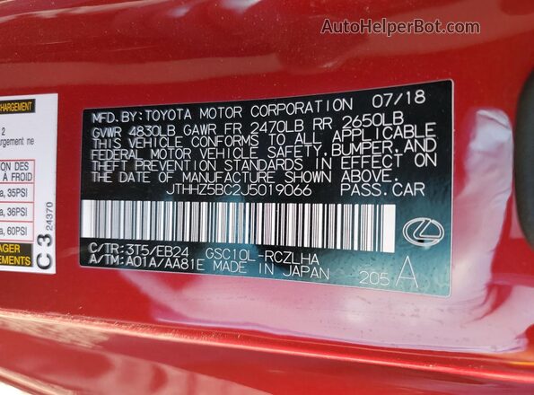 JTHHZ5BC2J5019066 2018 LEXUS RC Red Vista del compartimento del motor