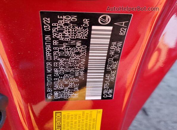 JTHMPAAY9NA105370 2022 LEXUS LC Red VIN კოდის სტიკერის ხედი