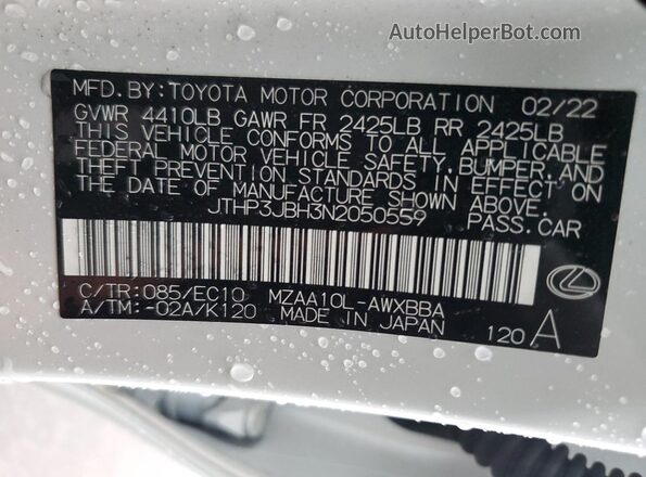 JTHP3JBH3N2050559 2022 LEXUS UX White VIN კოდის სტიკერის ხედი