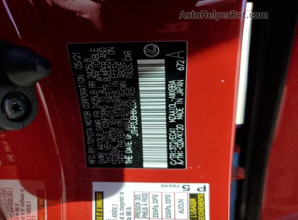 JTHP3JBH8M2041905 2021 LEXUS UX Red Вид наклейки з VIN-кодом