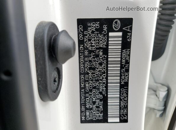 JTHP9JBH0L2035612 2020 LEXUS UX White Vista de la etiqueta del VIN