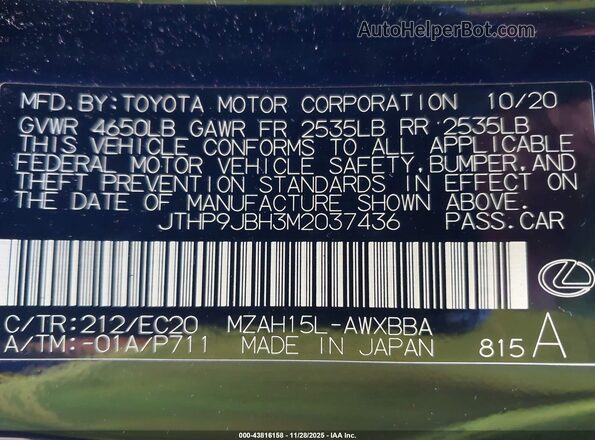 JTHP9JBH3M2037436 2021 LEXUS UX 250H Black Вид підкапотного простору