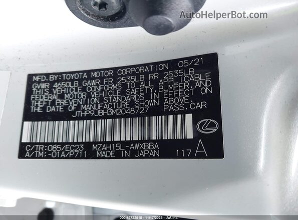 JTHP9JBH3M2048727 2021 LEXUS UX 250H White Вид підкапотного простору