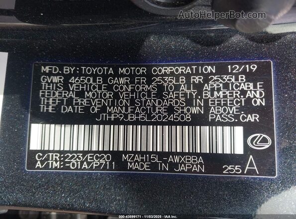 JTHP9JBH5L2024508 2020 LEXUS UX 250H Black Вид підкапотного простору
