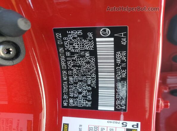 JTHX3JBH7N2049561 2022 LEXUS UX Red VIN კოდის სტიკერის ხედი