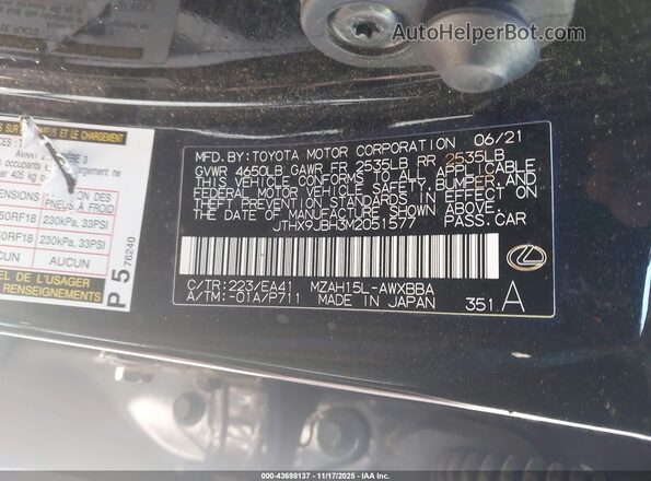 JTHX9JBH3M2051577 2021 LEXUS UX 250H Black Շարժիչի բաժամունքի տեսք