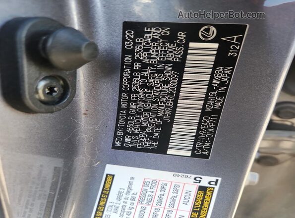 JTHX9JBH7L2030097 2020 LEXUS UX Gray VIN კოდის სტიკერის ხედი