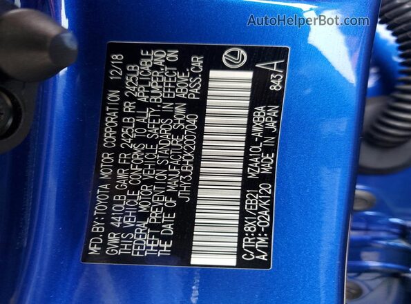 JTHY3JBH0K2007040 2019 LEXUS UX Blue Вид наклейки з VIN-кодом