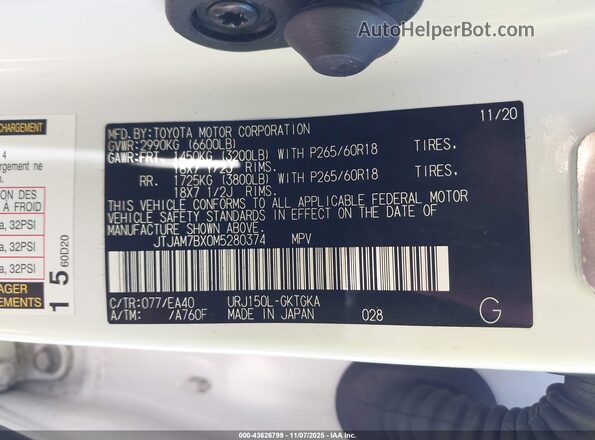 JTJAM7BX0M5280374 2021 LEXUS GX 460 White Շարժիչի բաժամունքի տեսք