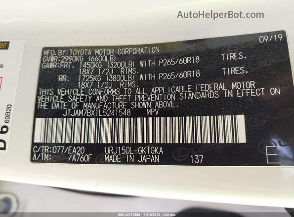 JTJAM7BX1L5241548 2020 LEXUS GX 460 Белый Вид подкапотного пространства