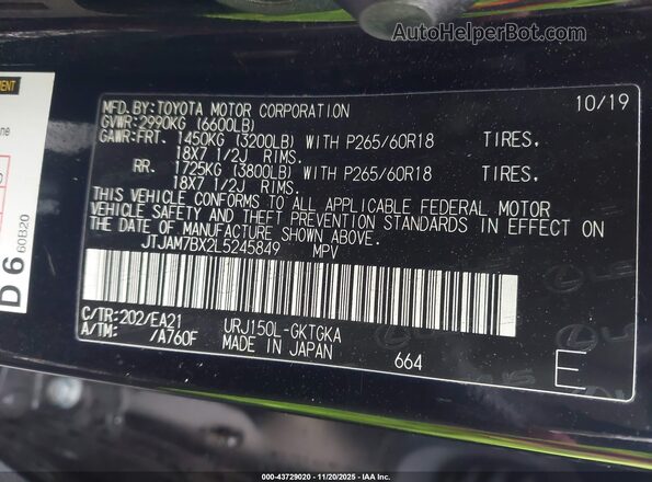 JTJAM7BX2L5245849 2020 LEXUS GX 460 Black Widok komory silnika