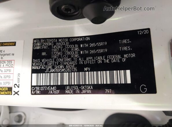 JTJAM7BX5M5282735 2021 LEXUS GX 460 White Вид підкапотного простору