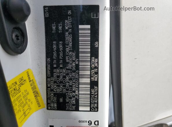 JTJBM7FX9G5138916 2016 LEXUS GX 460 White VIN კოდის სტიკერის ხედი