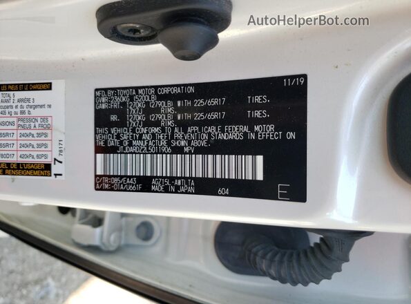 JTJDARDZ2L5011906 2020 LEXUS NX White VIN կոդի պիտակի տեսք