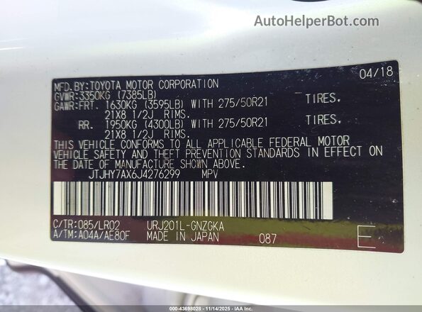 JTJHY7AX6J4276299 2018 LEXUS LX 570 White 