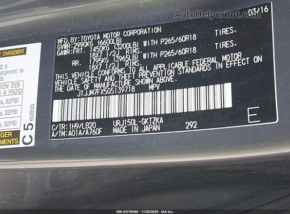 JTJJM7FX5G5139718 2016 LEXUS GX 460 Gray Vista del compartimento del motor