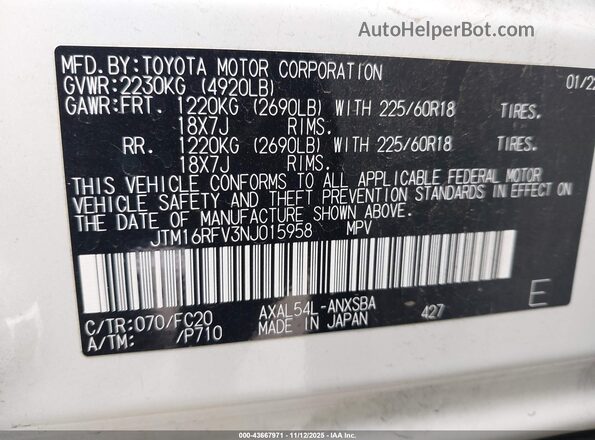 JTM16RFV3NJ015958 2022 TOYOTA RAV4 HYBRID White 