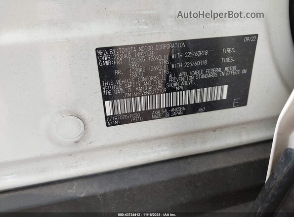 JTM16RFV6ND077109 2022 TOYOTA RAV4 HYBRID White Вид підкапотного простору