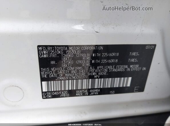 JTMAB3FV7MD050377 2021 TOYOTA RAV4 PRIME White ძრავის განყოფილების ხედი