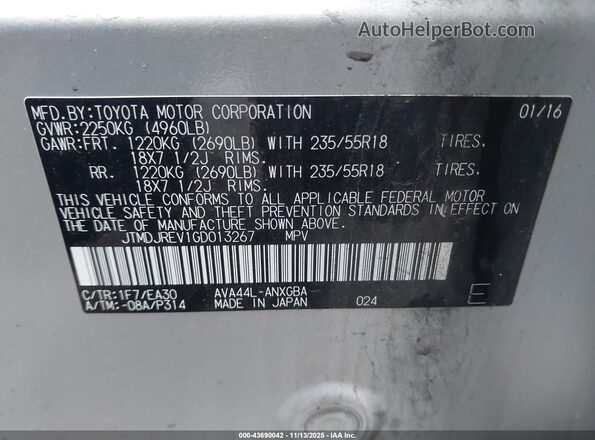 JTMDJREV1GD013267 2016 TOYOTA LIMITED Silver Engine compartment view