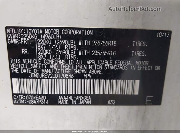 JTMDJREV2JD170846 2018 TOYOTA LIMITED White ძრავის განყოფილების ხედი