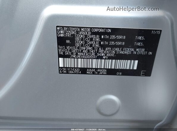 JTMDJREV4GD005597 2016 TOYOTA LIMITED Silver Vista del compartimento del motor