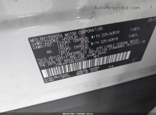 JTME6RFVXMJ005217 2021 TOYOTA RAV4 HYBRID Белый Вид подкапотного пространства