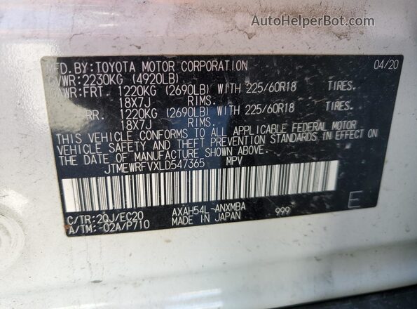 JTMEWRFVXLD547365 2020 TOYOTA RAV4 White VIN sticker view