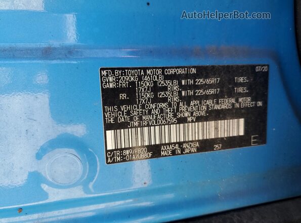 JTMF1RFV0LD067595 2020 TOYOTA LE Blue VIN կոդի պիտակի տեսք