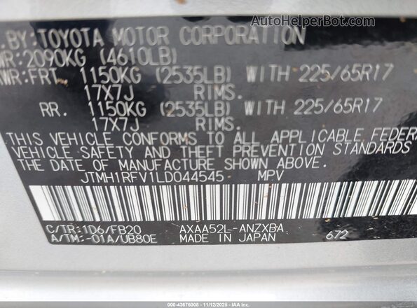 JTMH1RFV1LD044545 2020 TOYOTA LE Silver Շարժիչի բաժամունքի տեսք