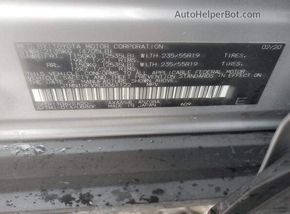 JTMN1RFVXLD061122 2020 TOYOTA LIMITED Серебряный Вид наклейки с VIN-кодом